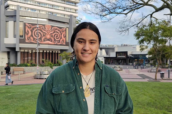 Danielle at Garden Place, outside the Hamilton City Council offices